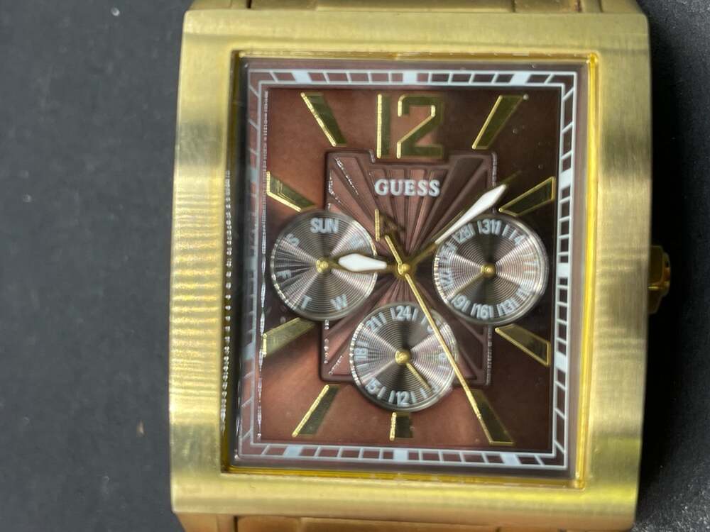 GUESS U12523G1 Men's Gold Tone Square Multifunction Watch Brown Dial 36MM